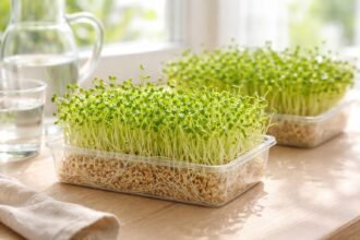 Sprossen aus Alfalfa auf der Fensterbank, frisch, grün, gesund, vielseitig