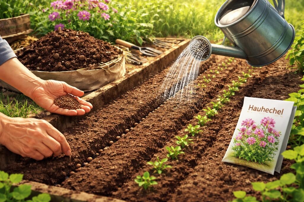 Nahaufnahme von Hauhechel beim Aussäen, Wässern und Düngen im Garten