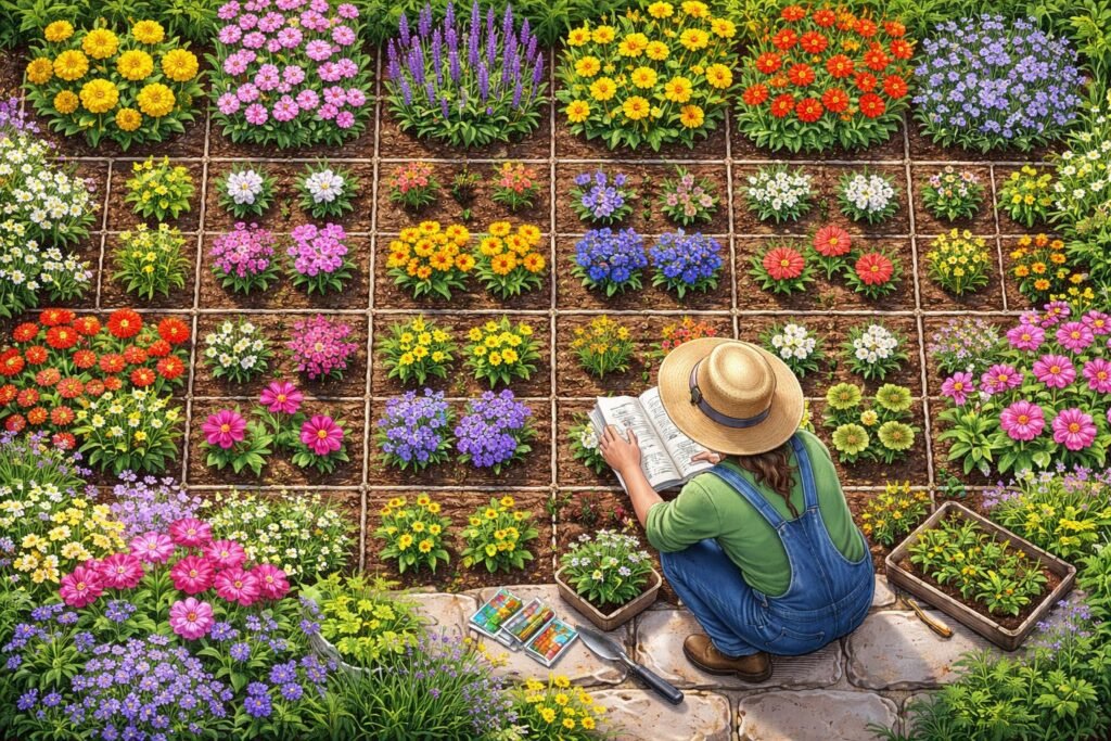 Gärtner pflanzt Samen und Abstände sorgfältig, um üppige Blüten zu fördern