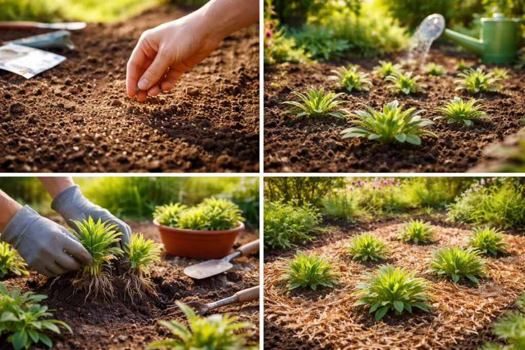 Gärtner säht Gewöhnlichen Natternkopf im sonnigen Garten, feine Samen verstreut in Erde.