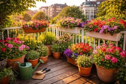- Fröhlich blühender Balkon mit Blumenkästen, Pflanzgefäßen und mediterranem Flair im Stadtleben