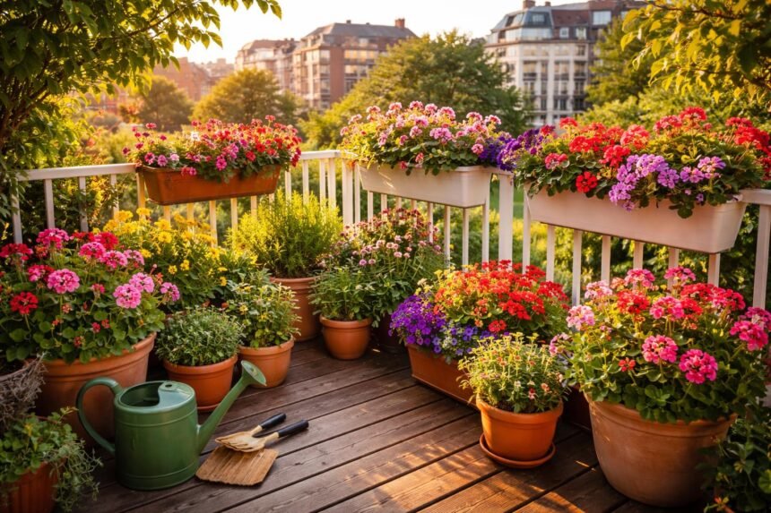 - Fröhlich blühender Balkon mit Blumenkästen, Pflanzgefäßen und mediterranem Flair im Stadtleben