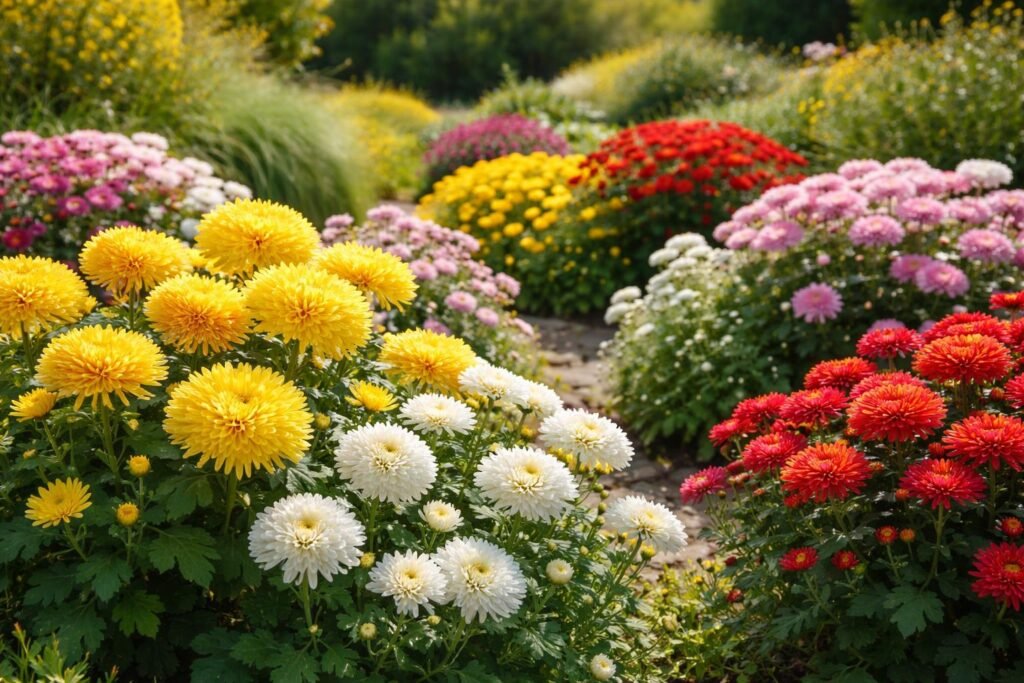 - Beliebte Garten-Chrysanthemen und Zuchtsorten zeigen üppige Blüten, kompakte Wuchsformen und bunte Farben.