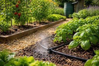 Sommergarten bewässern: effektive Strategien, Tropfbewässerung, Mulch, Schatten, Wasser sparen, gesunde Pflanzen.