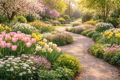 Frühlingsblüten in bunten Beeten erwachen, Duft erfüllt den frischen Garten