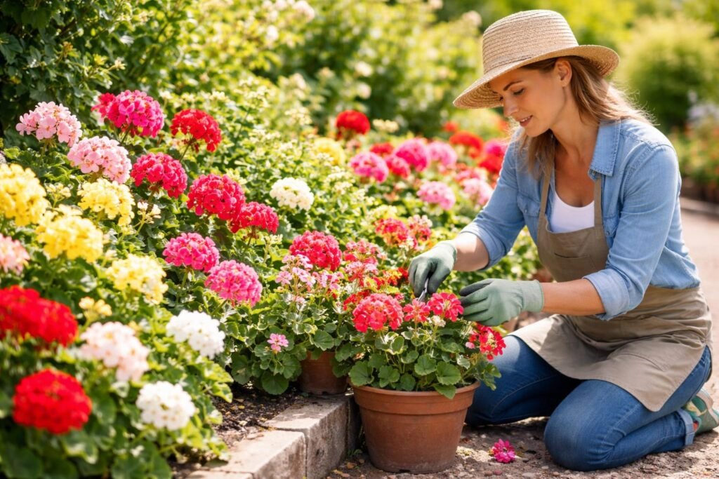 Nahaufnahme von Pelargonien in Blüte, farbenfroh, gesund wachsend und bienenfreundlich im Beet