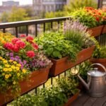 - Bunt bepflanzter Balkon mit vielfältigen Balkonkästen, farbenfrohen Blumen im Frühlingslicht.