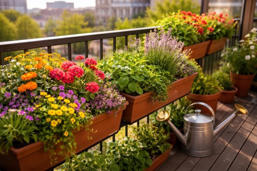 - Bunt bepflanzter Balkon mit vielfältigen Balkonkästen, farbenfrohen Blumen im Frühlingslicht.