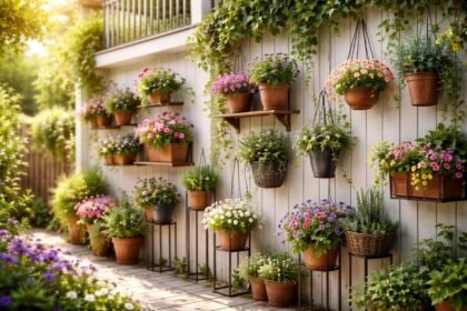 Vielfältige Blumenhalter in bunten Farben, kreativ platziert, im Garten und auf dem Balkon.