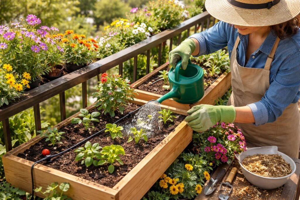 - Frisch bepflanzte Blumenkästen, Gärtner gießt, düngt und sorgfältig pflegt das Frühjahrsgrün