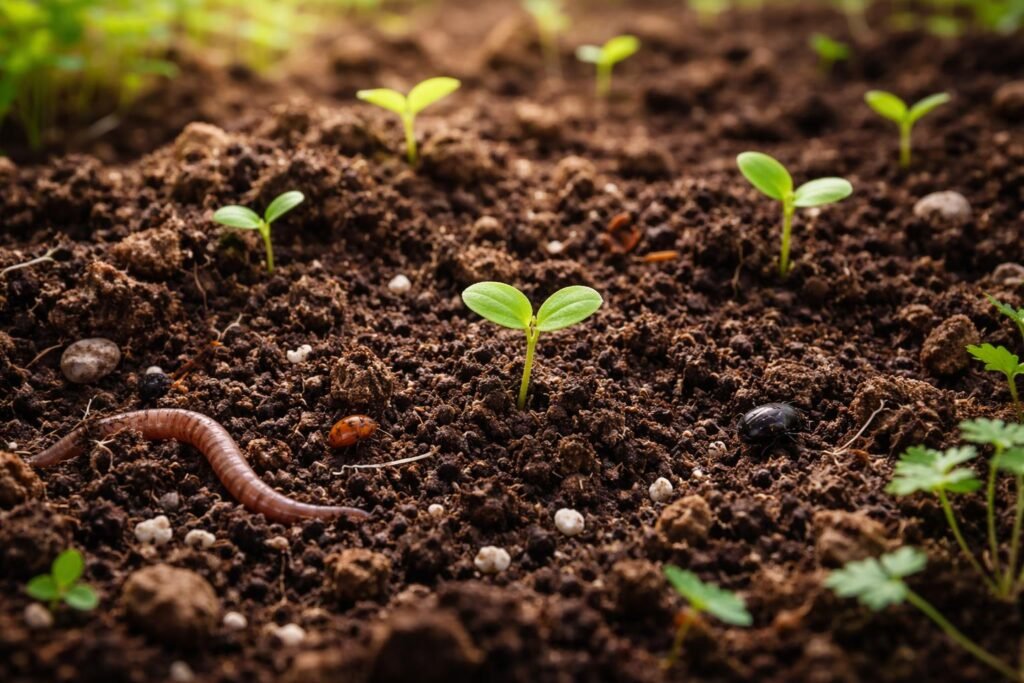 Frisch aufbereiteter Boden mit Nährstoffen und Struktur für Jungpflanzen im Frühling