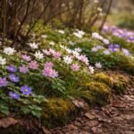 Zarte Buschwindröschen, Strahlen-Anemone und Verwandte blühen sanft im Frühlingslicht zwischen braunem Laub und kahlen Sträuchern