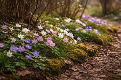 Zarte Buschwindröschen, Strahlen-Anemone und Verwandte blühen sanft im Frühlingslicht zwischen braunem Laub und kahlen Sträuchern