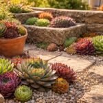 Sempervivum-Rosetten in sonnigem Steingarten, Topf und Dachfläche, pflegeleicht und farbenfroh.