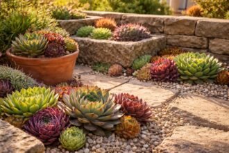 Sempervivum-Rosetten in sonnigem Steingarten, Topf und Dachfläche, pflegeleicht und farbenfroh.