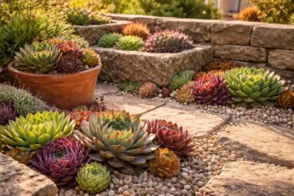 Sempervivum-Rosetten in sonnigem Steingarten, Topf und Dachfläche, pflegeleicht und farbenfroh.