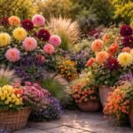 Bunte Dahlien in Beet und Kübel, Spätsommerfarben leuchten prachtvoll zusammen