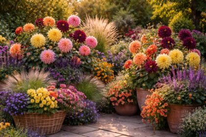 Bunte Dahlien in Beet und Kübel, Spätsommerfarben leuchten prachtvoll zusammen