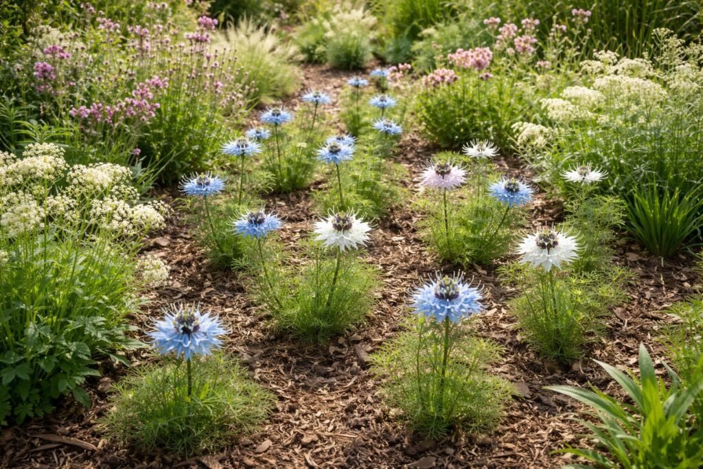 Nahaufnahme der Nigella-Blüten im sonnigen, fruchtbaren Boden, zwischen Stauden und Nachbarn.
