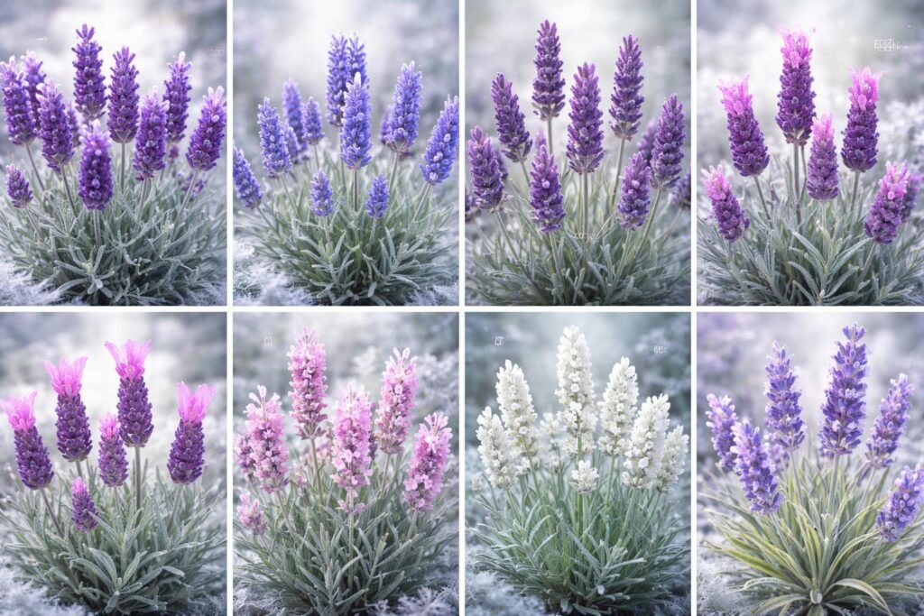 Winterharte Lavendelsorten im Porträt vor winterlichem Gartenhintergrund und frostgeschützter Mauer