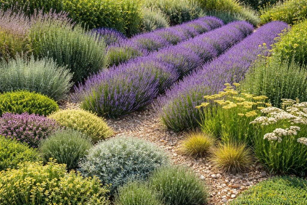 Lavendel pflanzen: Standort, Abstand, Begleitpflanzen & Co. - Lavendelbeete profitieren von Begleitpflanzen wie Salbei, Rosmarin, Thymian und Ziergräser.