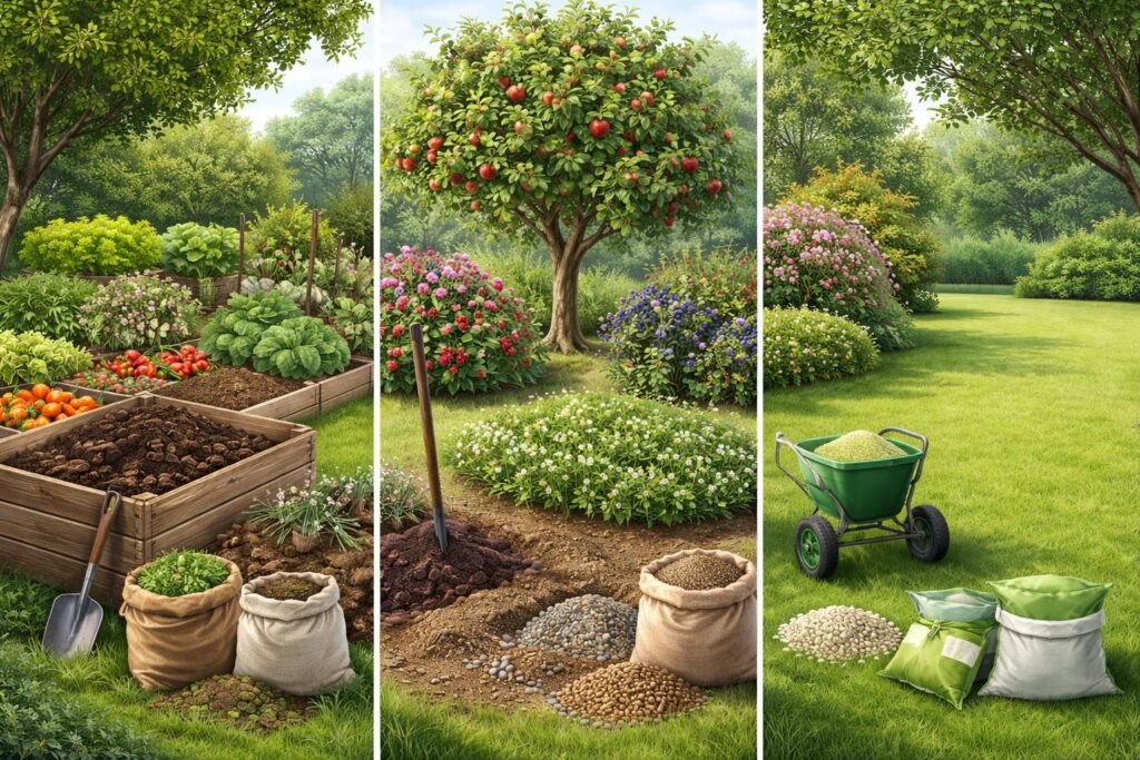 - Überblick über Düngerarten für Gemüse, Obst und Rasen im Gartenkontext.