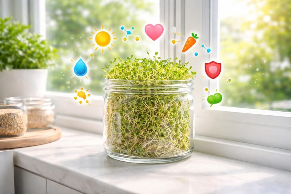 Alfalfa-Sprossen: Selber ziehen & gesundheitliche Vorteile - Frische Alfalfa-Sprossen, grün, knackig, reich an Nährstoffen, im Glas gezeigt.