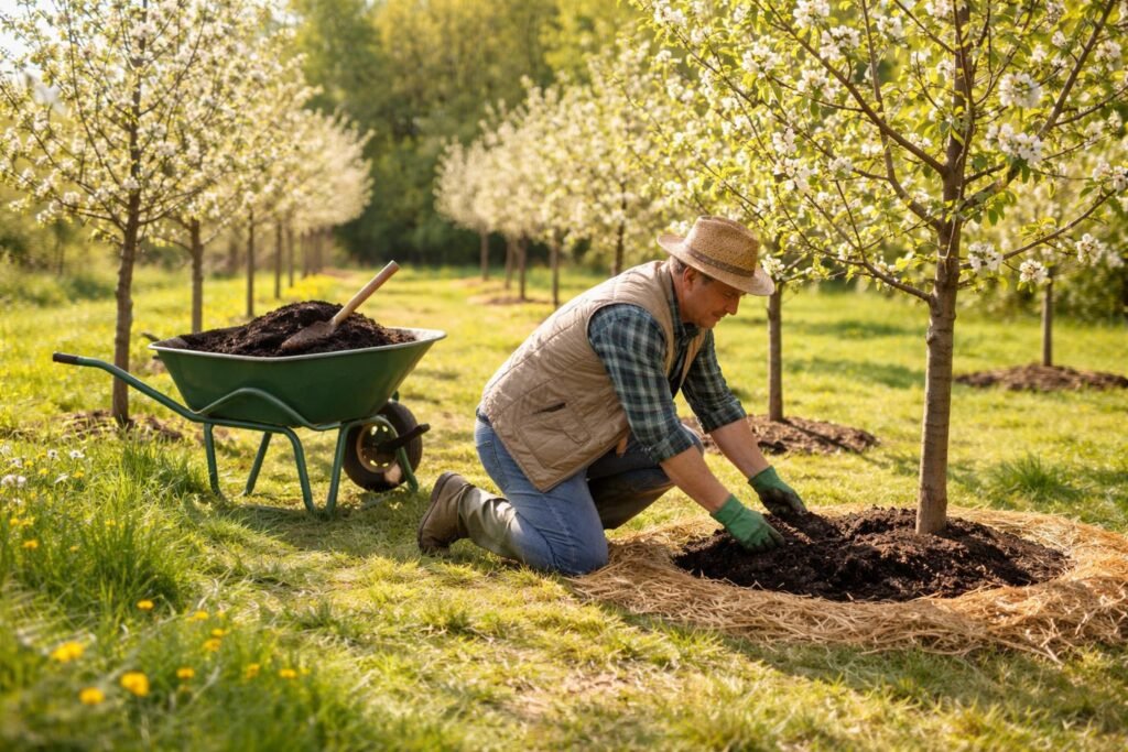 Frühjahrspflege: Obstbaum im Obstgarten, Mulch, Düngerstreuer im Hintergrund und frisches Gras.
