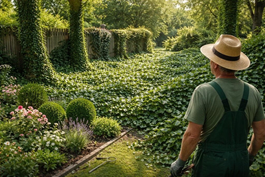 Efeu im Garten, bodendeckend und wuchernd, verursacht Schatten, Feuchtigkeit und Pflegeprobleme