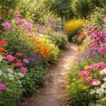 Lebhafte Beete mit einjährigen und zweijährigen Pflanzen im Sommergarten, voller Farbenvielfalt