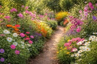 Lebhafte Beete mit einjährigen und zweijährigen Pflanzen im Sommergarten, voller Farbenvielfalt