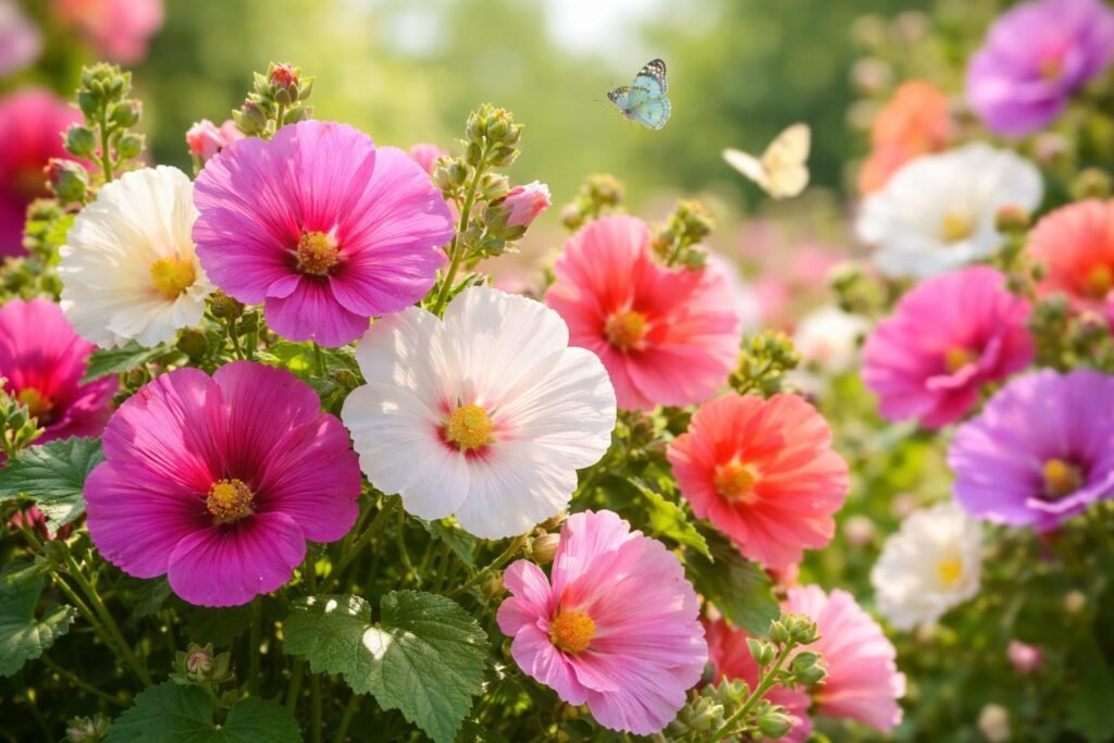 - Einjährige Malven in leuchtender Farbenvielfalt als sommerliche Blickfänger im Garten