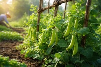Junge Erbsenpflanzen im Frühlingsgarten wachsen grün, neben frischer Erde, bereit zur Ernte.