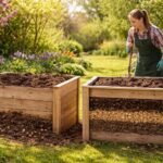 Frisch befülltes Hochbeet, Erde locker, Bodenstruktur sichtbar, Absacken ist normal.