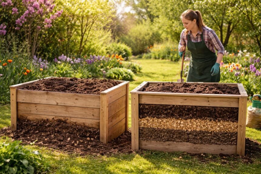 Frisch befülltes Hochbeet, Erde locker, Bodenstruktur sichtbar, Absacken ist normal.
