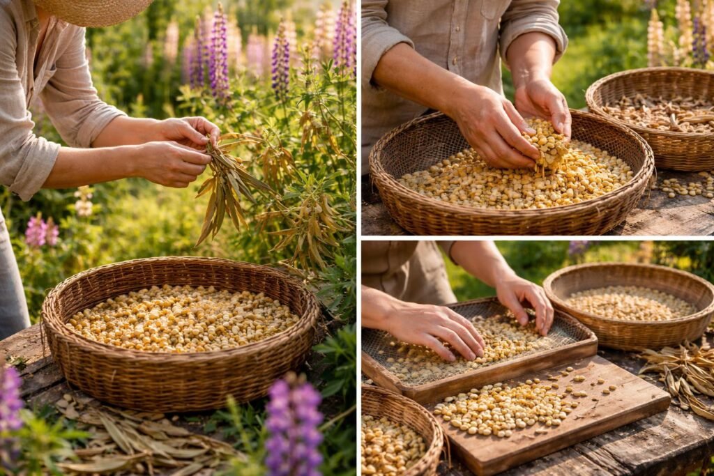 Lupinensamen: Eiweißreiche Samen aus dem eigenen Garten essen - Lupinensamen werden geerntet, getrocknet und schonend verarbeitet, um Eiweißqualität zu sichern.