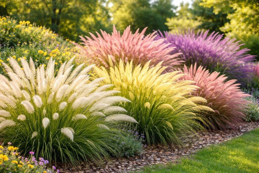 - Vielfältige Farbvariationen der Lampenputzergras-Sorten zeigen lebendige Blüten, Laub und Textur.