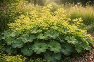 Frauenmantel Alchemilla mit gelbgrünen Blütenwolken, sanften Blättern, robustem Charme für naturnahe Gärten