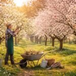 Obstbäume im Frühlingslicht, geschnittene Äste, Knospen, zarte Blüten, Frühjahrsarbeit und Pflege im Garten.