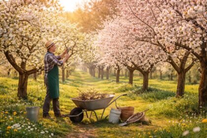 Obstbäume im Frühlingslicht, geschnittene Äste, Knospen, zarte Blüten, Frühjahrsarbeit und Pflege im Garten.