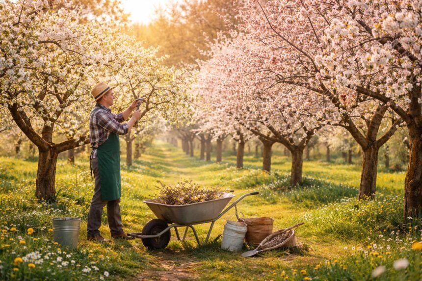 Obstbäume im Frühlingslicht, geschnittene Äste, Knospen, zarte Blüten, Frühjahrsarbeit und Pflege im Garten.