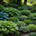 • Funkien-Blätter glänzen im Schatten, zeigen glänzende Strukturen, Vielfalt begeistert Gartenfreunde täglich.