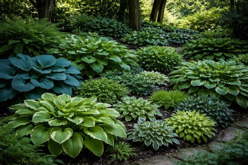 • Funkien-Blätter glänzen im Schatten, zeigen glänzende Strukturen, Vielfalt begeistert Gartenfreunde täglich.