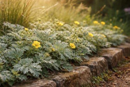 Gänsefingerkraut am Wegesrand zeigt krampflösende, magenberuhigende Heilwirkungen im Garten, naturbelassen.