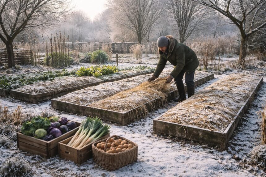 Gärtnerinnen und Gärtner schützen Beete im Winter, bereiten Boden vor.