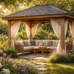 Gartenpavillon im Abendlicht mit Schatten, sanften Lichtern und ruhiger Gartenatmosphäre