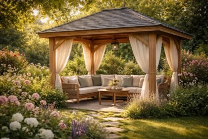 Gartenpavillon im Abendlicht mit Schatten, sanften Lichtern und ruhiger Gartenatmosphäre