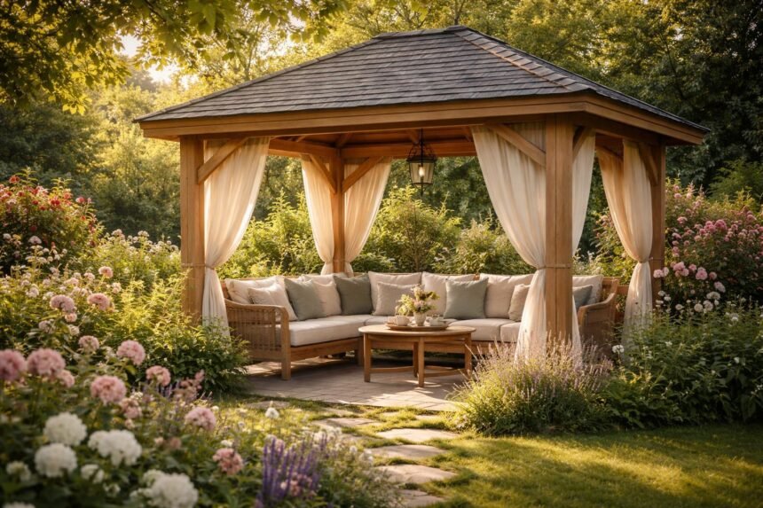 Gartenpavillons: Schattige Plätze zum Entspannen (Bildergalerie) Gartenpavillon im Abendlicht mit Schatten, sanften Lichtern und ruhiger Gartenatmosphäre