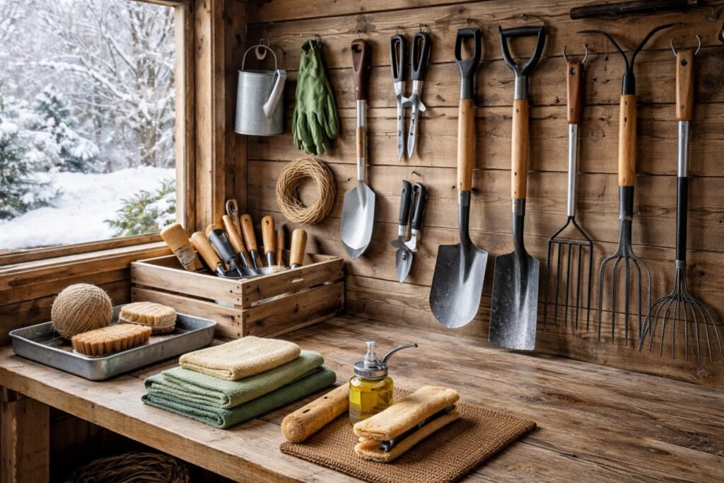 Gärtnern im Winter: Was jetzt zu tun ist Gartenwerkzeuge sauber reinigen, trocknen, ordnungsgemäß lagern und schützen im Winter vor Frost.