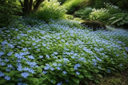 - Zarter Gedenkemein beleuchtet Schattenflächen mit himmelblauen, Vergissmeinnicht-ähnlichen Blüten und bietet bodennahe Deckung.
